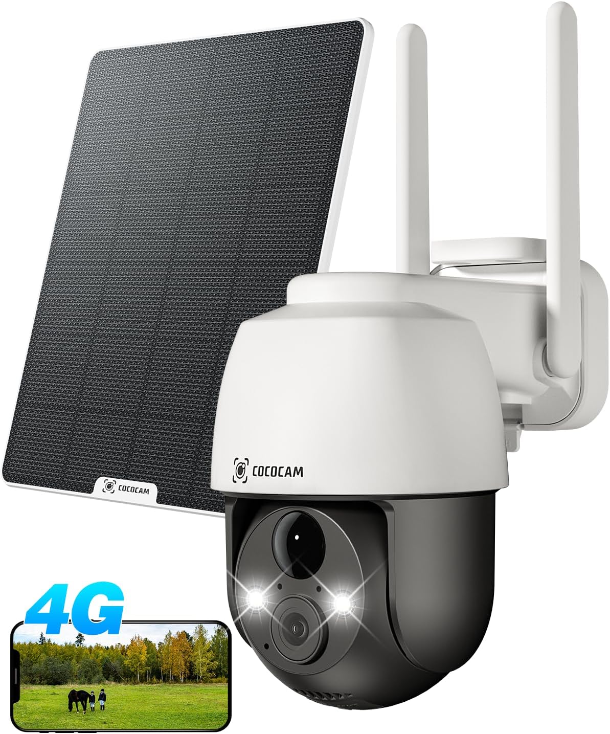 COCOCAM 4G LTE Camera Surveillance Exterieur sans Fil, 2K Solaire PTZ 4G avec Carte SIM, Détection Humaine PIR, Reconnaissance AI