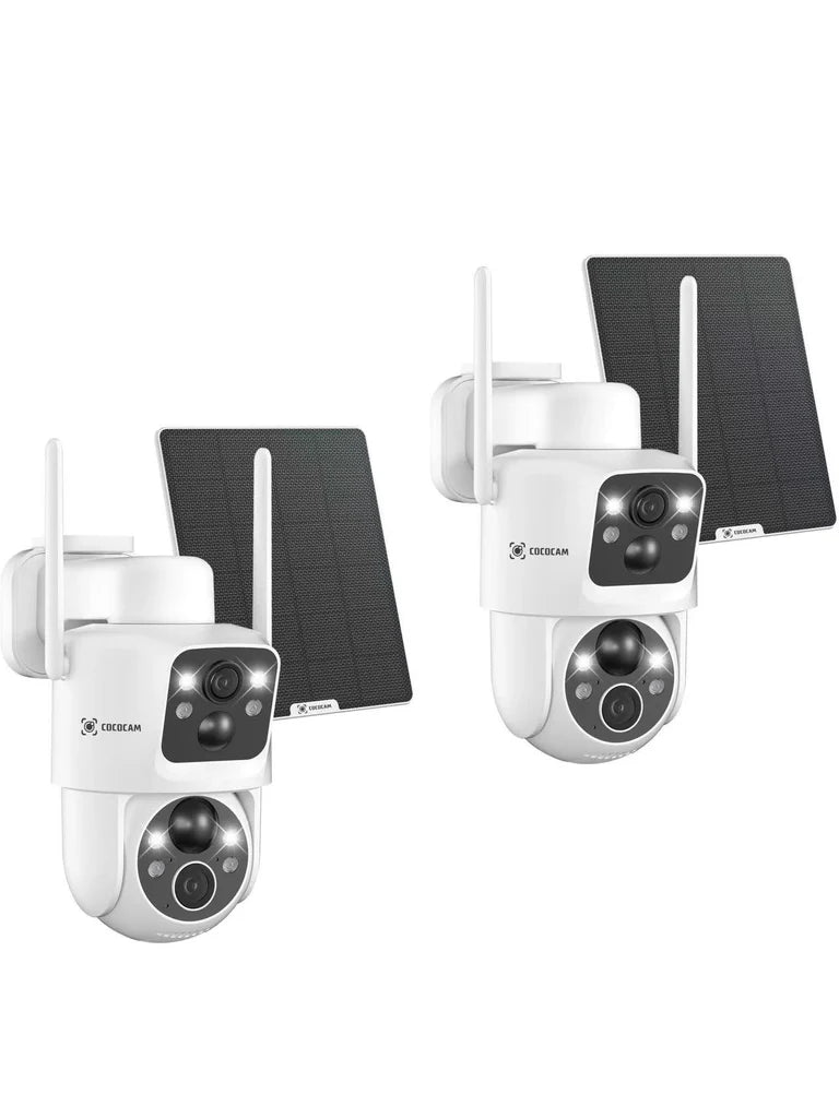 COCOCAM 2K Camera Surveillance WiFi Exterieure sans Fil Double Objectif Double PIR Batterie 10000mAh 6W Panneau Solaire