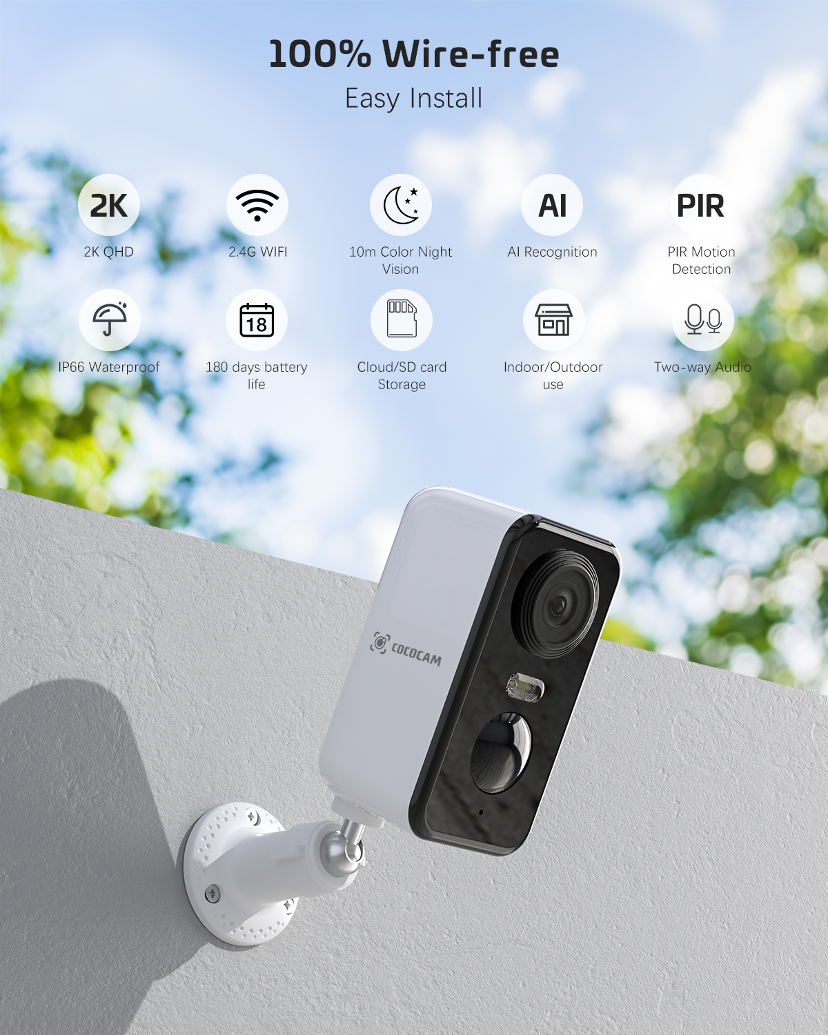 2K Camera Surveillance WiFi Exterieure sans Fil Batterie avec AI PIR Détection Compatible Alexa