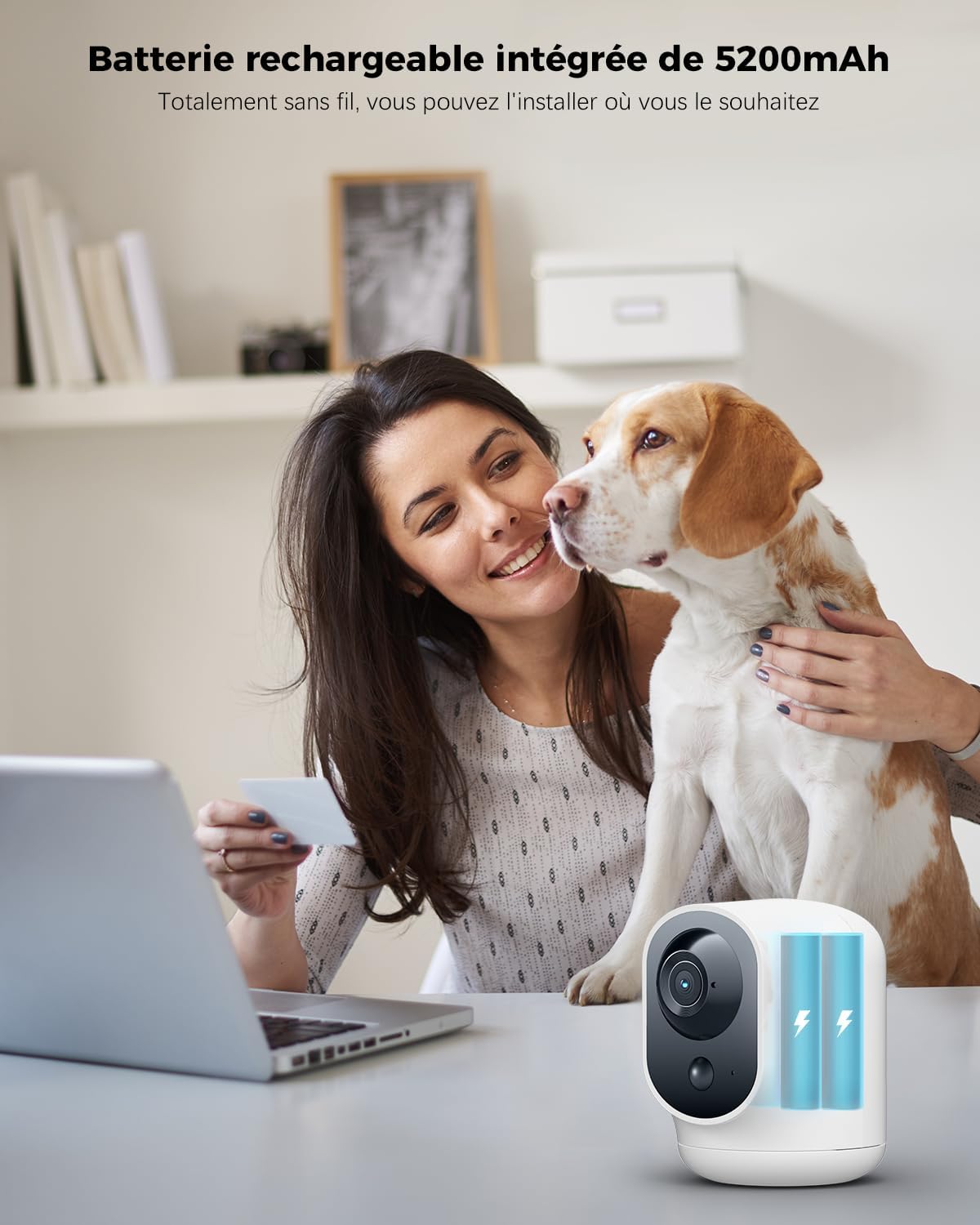 2K Camera Surveillance WiFi Interieur sans Fil Pan/Tilt à Batterie 5200mAh Reconnaissance IA Détection Humaine PIR