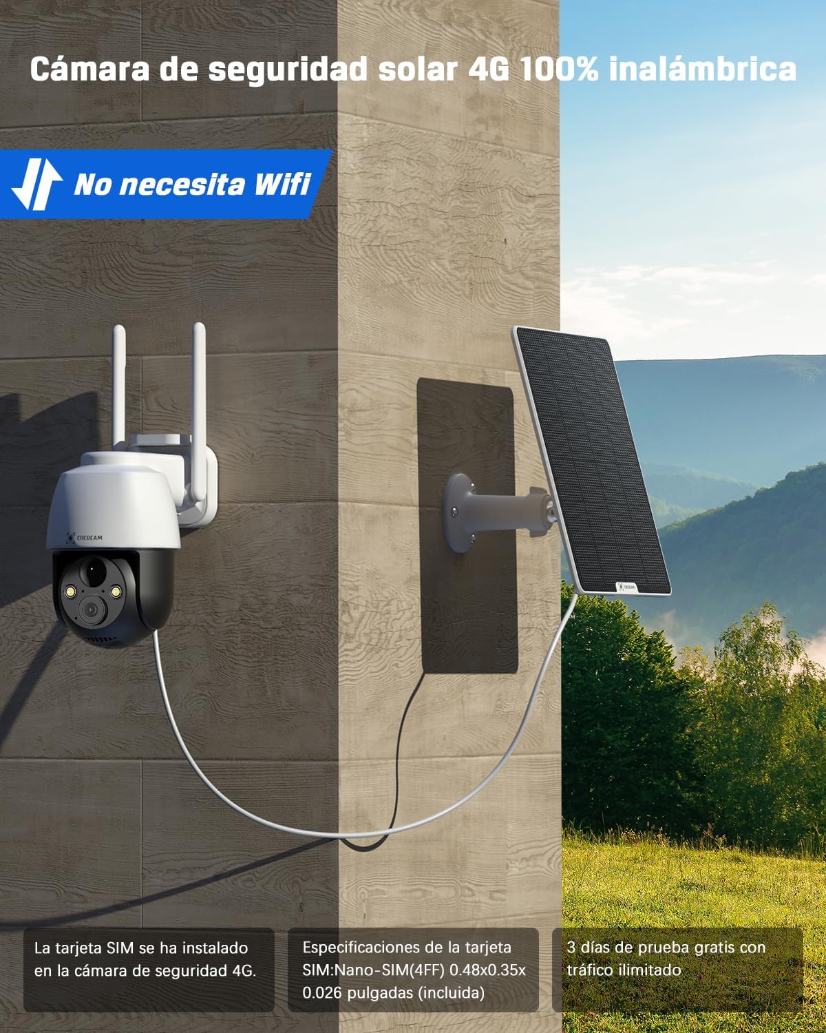 COCOCAM 4G LTE Camera Surveillance Exterieur sans Fil, 2K Solaire PTZ 4G avec Carte SIM, Détection Humaine PIR, Reconnaissance AI