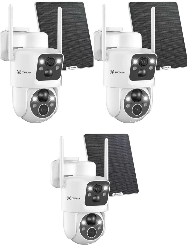 COCOCAM 2K Camera Surveillance WiFi Exterieure sans Fil Double Objectif Double PIR Batterie 10000mAh 6W Panneau Solaire