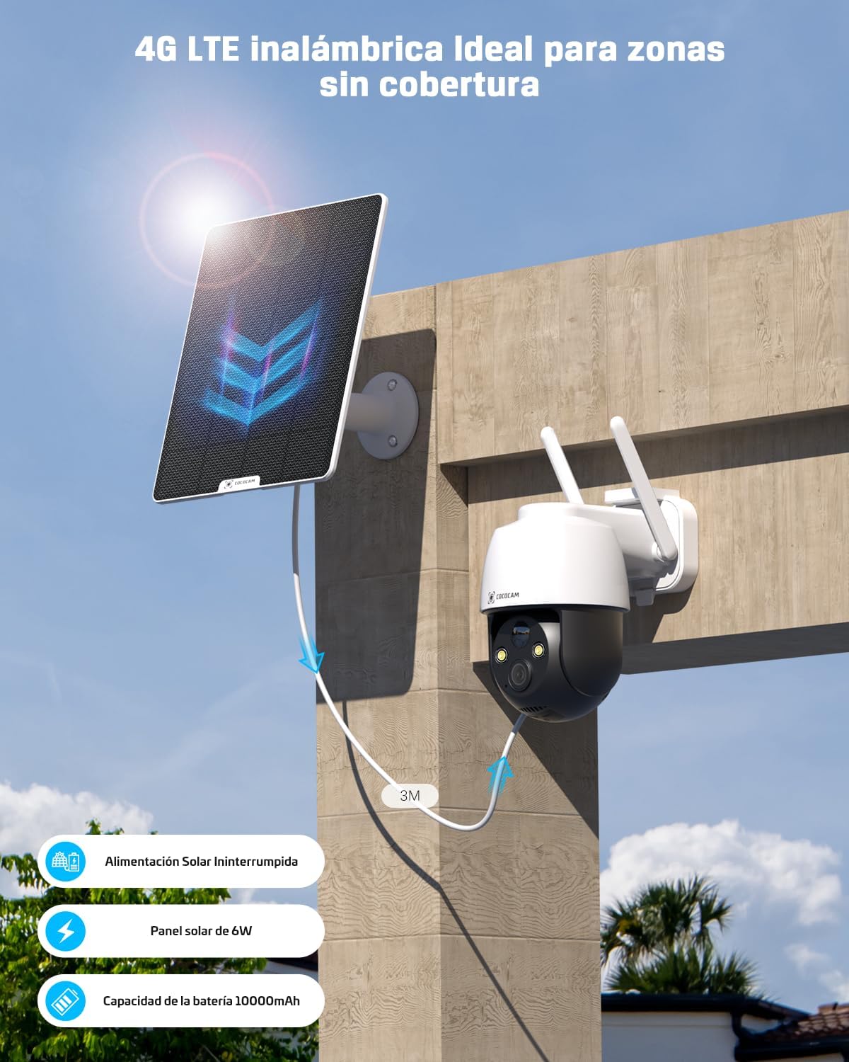 COCOCAM 4G LTE Camera Surveillance Exterieur sans Fil, 2K Solaire PTZ 4G avec Carte SIM, Détection Humaine PIR, Reconnaissance AI