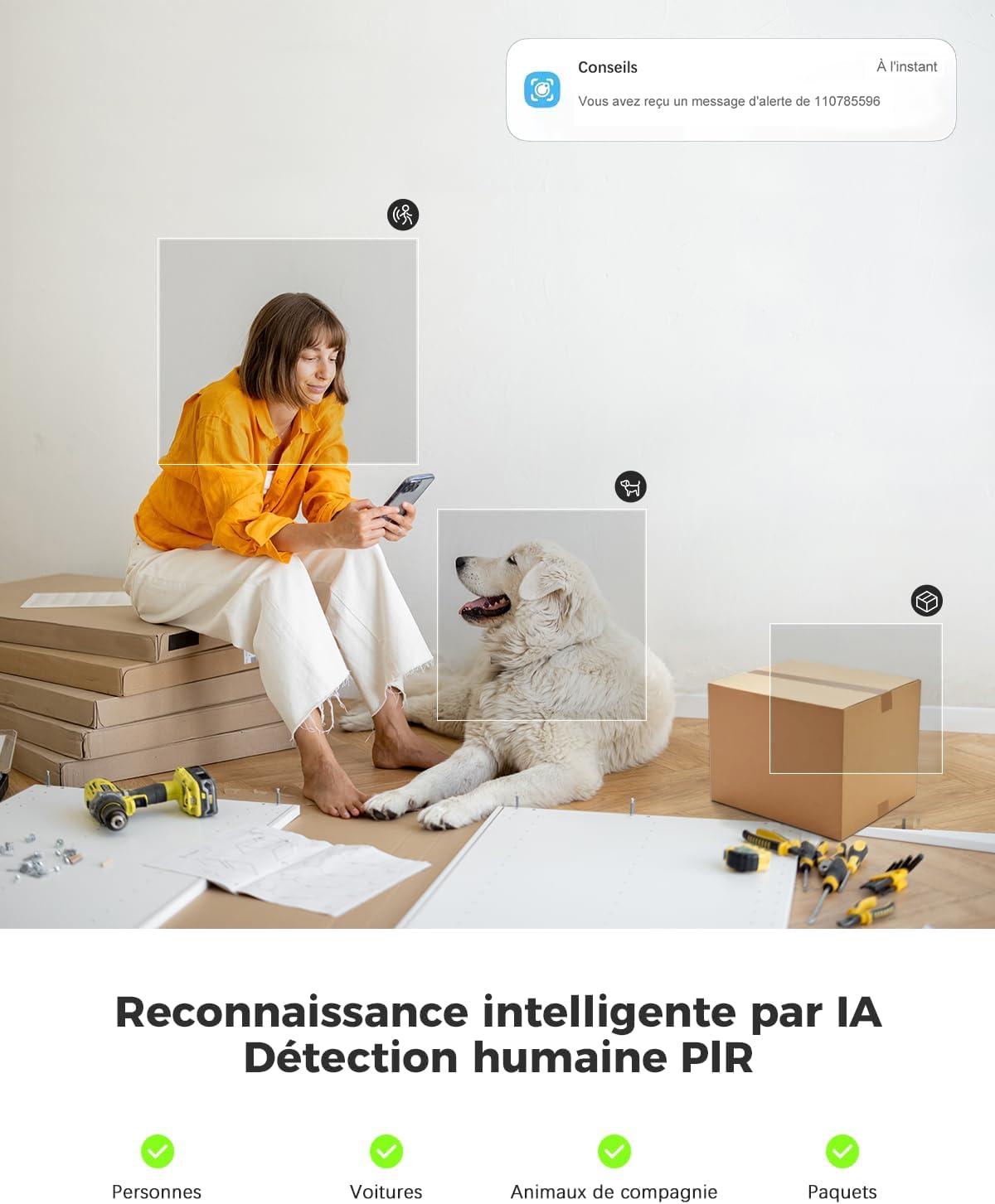 2K Camera Surveillance WiFi Interieur sans Fil Pan/Tilt à Batterie 5200mAh Reconnaissance IA Détection Humaine PIR