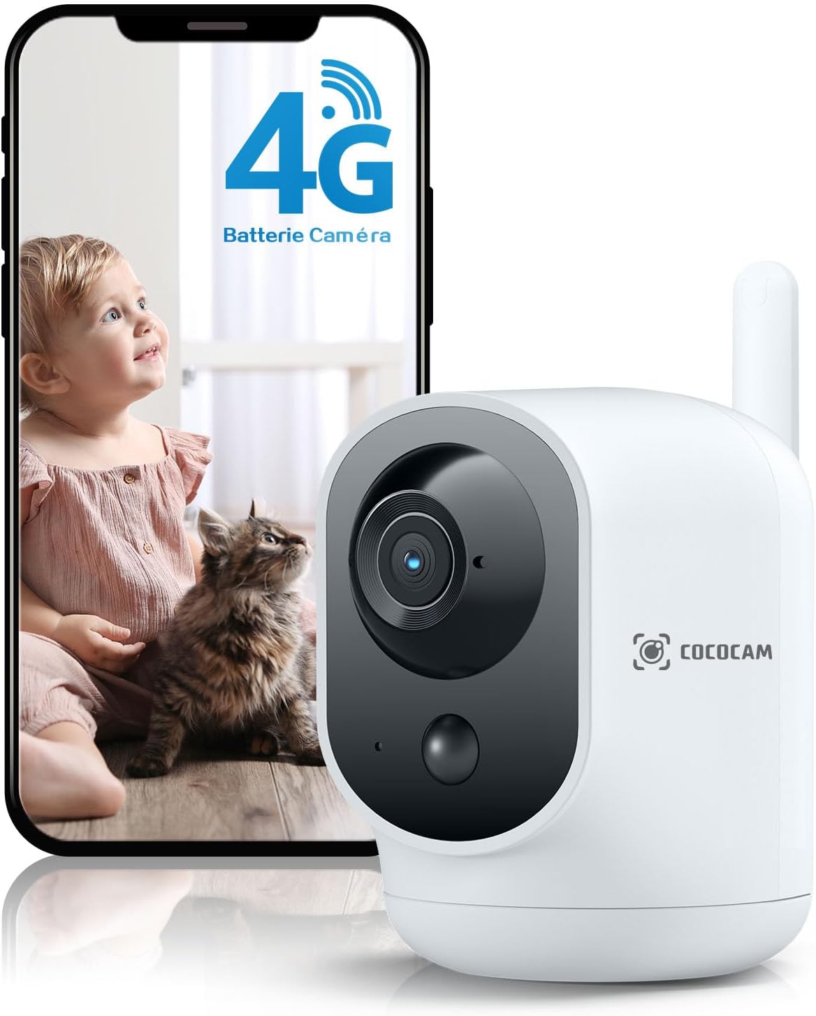 COCOCAM 4G Camera Surveillance Interieur sans Fil avec Batterie 6000mAh, 355°P 90°T, 2K 4G Caméra pour Bébé/Animal/Ancien, Détection Humaine PIR, Carte SIM Intégrée(sans WiFi)
