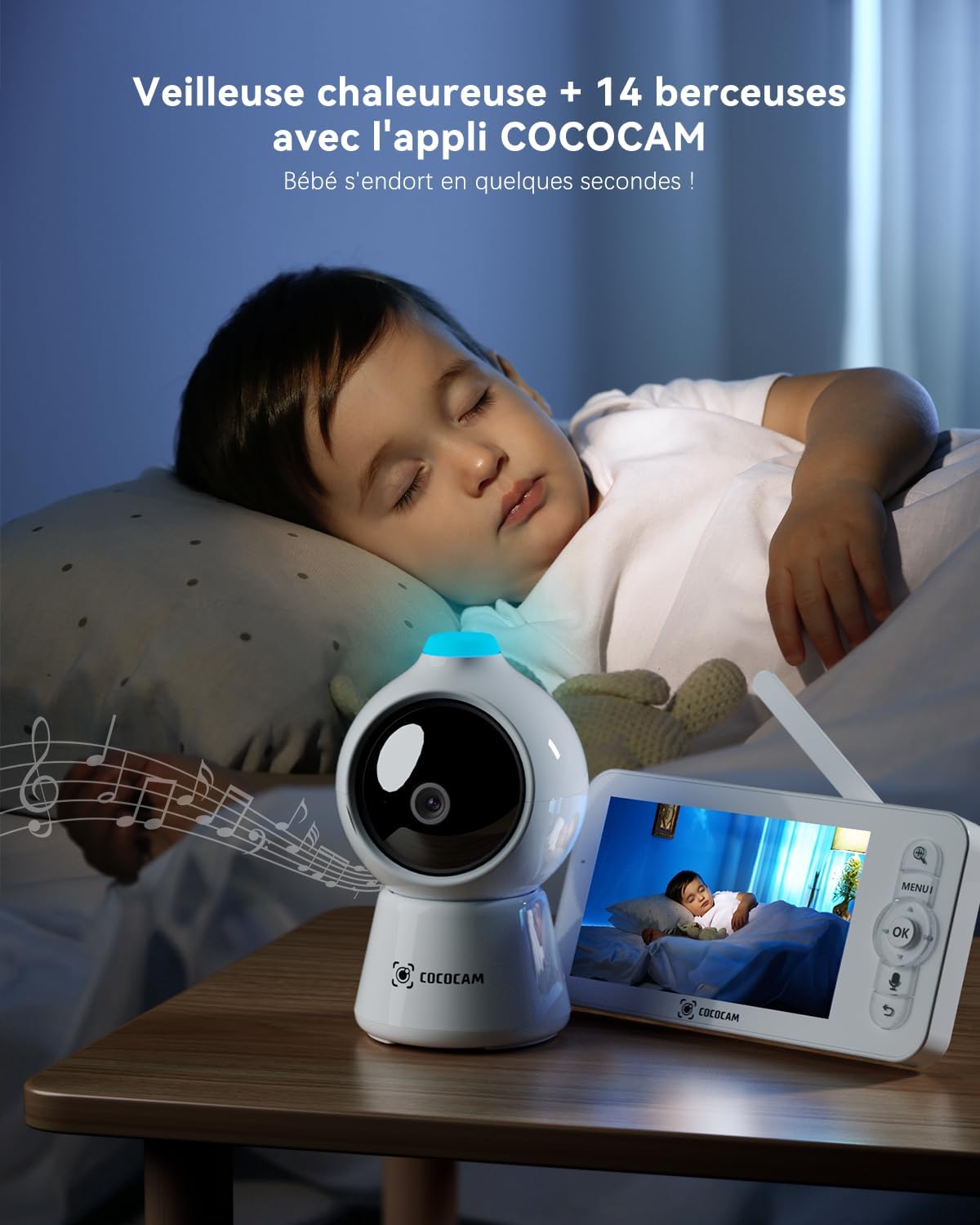 COCOCAM 2K 4MP IA Babyphone Camera avec 5'' Écran, 2,4G/5GHZ WiFi Camera Bebe, Détection Visage Couvert, Album Intelligent, Détection IA, Suivi Auto, Détection Pleurs, Encryptage, Vision Nocturne IR