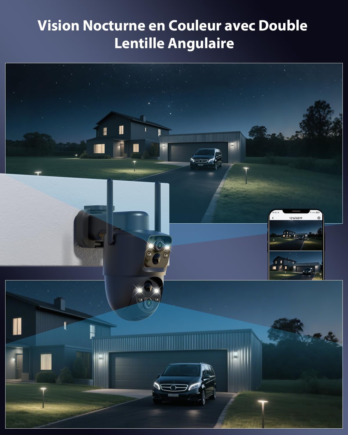 COCOCAM 2K Double Objectif Camera Surveillance WiFi Exterieure sans Fil, 6W Panneau Solaire, Batterie 10000mAh, Double PIR & Détection Humaine IA, Vision Nocturne Couleur, 355°P 90°T, WiFi 2.4G