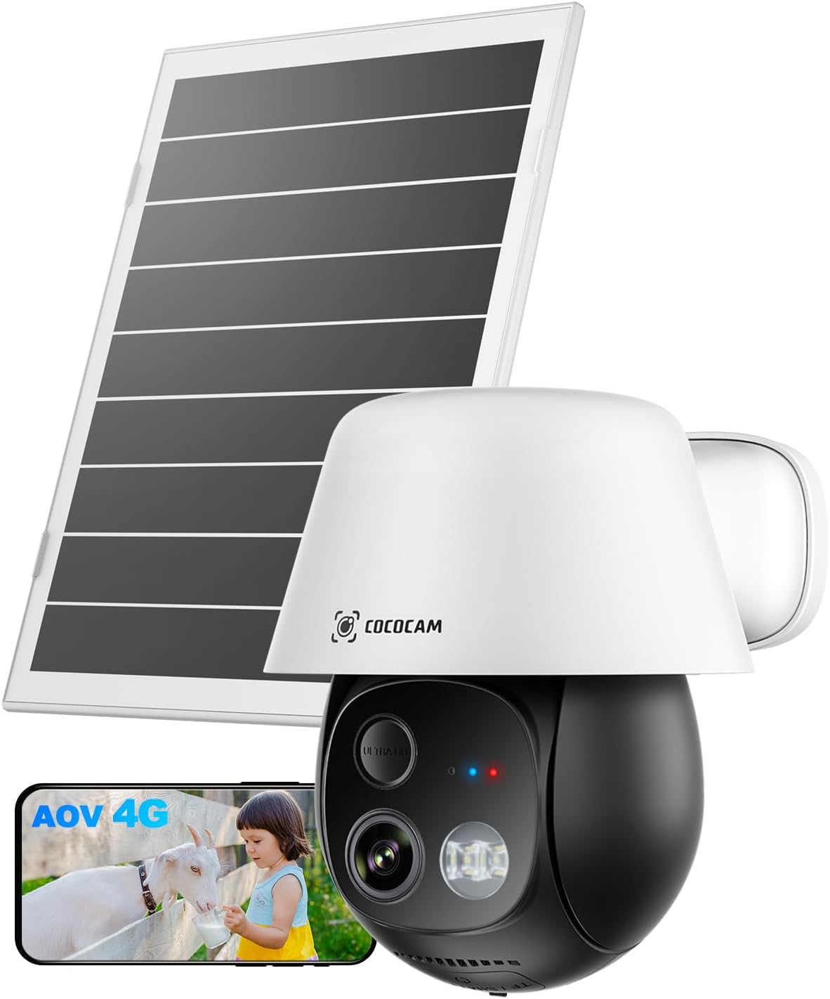 COCOCAM 24/7 Enregistrement AOV 4G Camera Surveillance Exterieur sans Fil, 30m Vision Nocturne, 10000mAh Batterie & 8W Panneau Solaire, Suivi Auto & IA Détection, 2K PTZ, Carte eSIM Incluse (No WiFi)