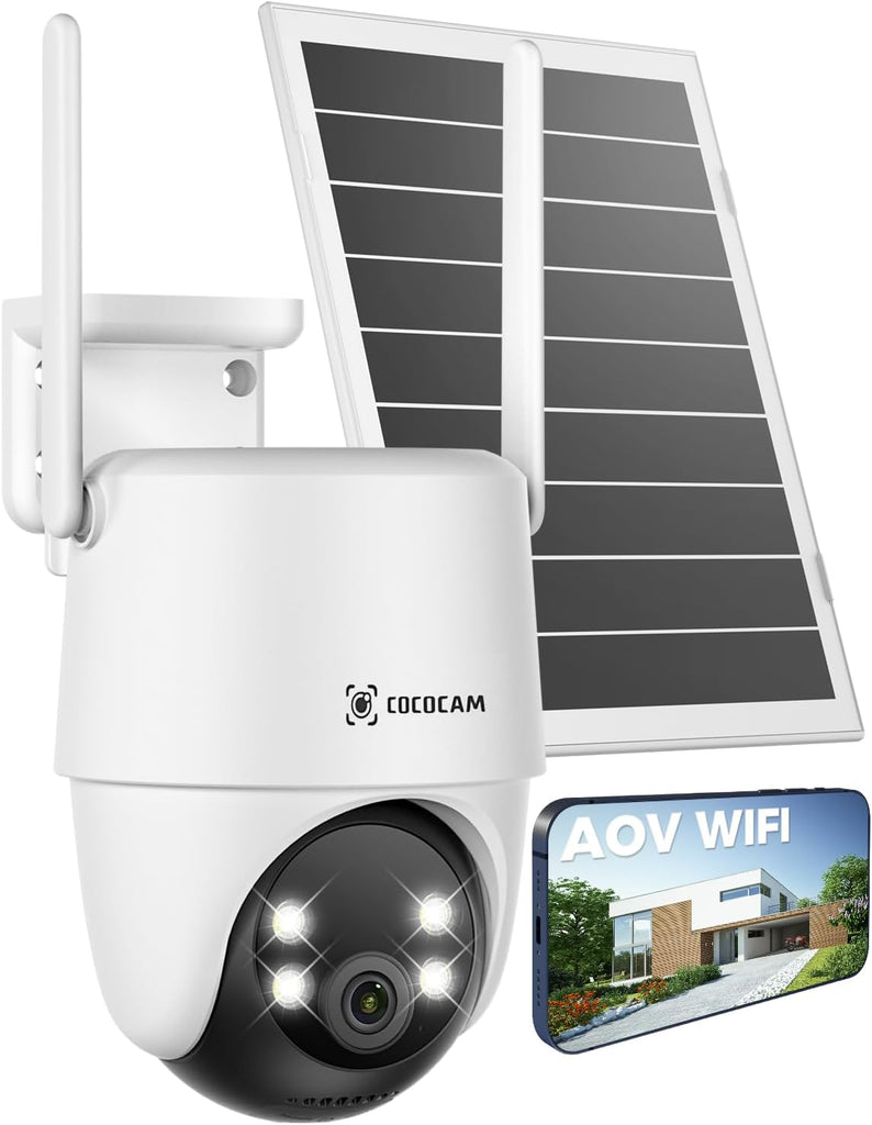 COCOCAM 24/7 Enregistrement AOV Camera Surveillance WiFi Exterieure sans Fil, Batterie 10000mAh Panneau Solaire 8W, 2K PTZ, Détection IA, Suivi par l'IA, Vision Nocturne 30 Mètres