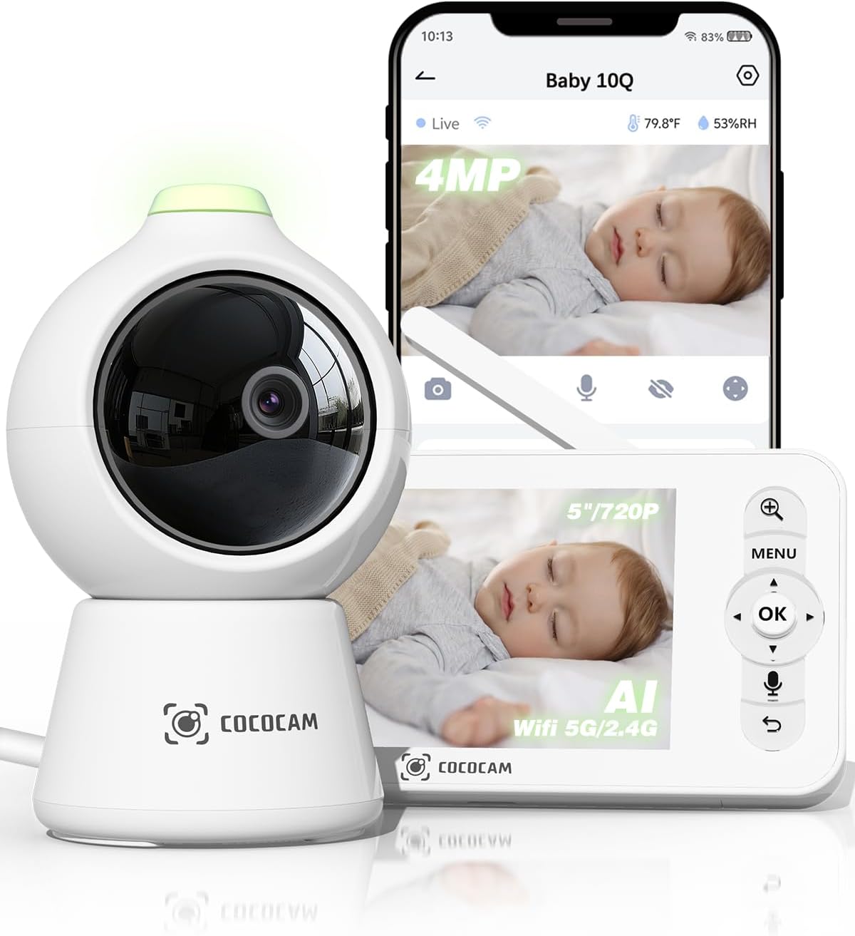 COCOCAM 2K 4MP IA Babyphone Camera avec 5'' Écran, 2,4G/5GHZ WiFi Camera Bebe, Détection Visage Couvert, Album Intelligent, Détection IA, Suivi Auto, Détection Pleurs, Encryptage, Vision Nocturne IR