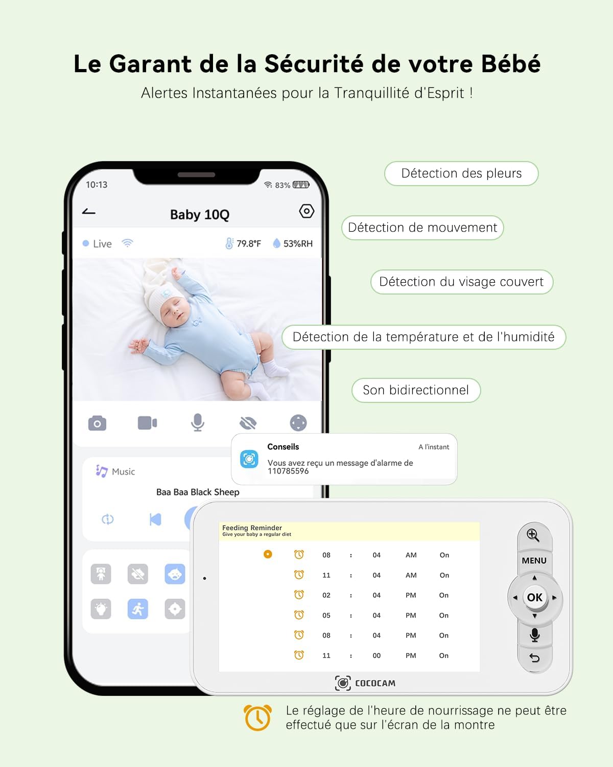 COCOCAM 2K 4MP IA Babyphone Camera avec 5'' Écran, 2,4G/5GHZ WiFi Camera Bebe, Détection Visage Couvert, Album Intelligent, Détection IA, Suivi Auto, Détection Pleurs, Encryptage, Vision Nocturne IR