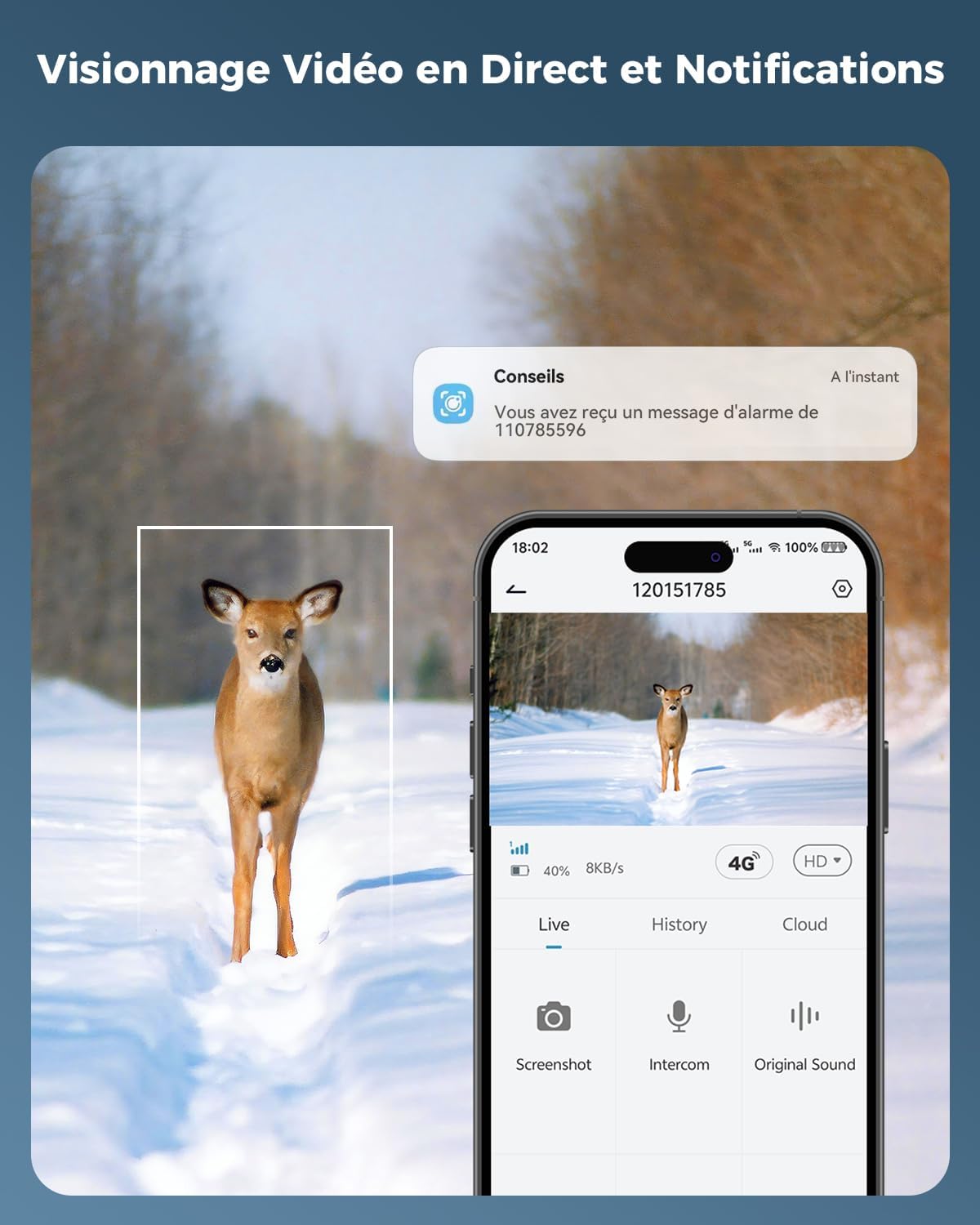 COCOCAM 24/7 AOV 4G Camera Surveillance Exterieur Sans Fil, Camera Chasse Avec Animaux Détection, 30m 2K Vision Nocturne, IA Détection, 15000mAh Batterie & 8W Panneau Solaire, eSIM Incluse (Sans WIFI)