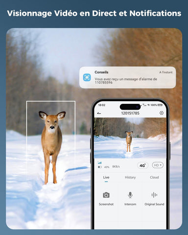COCOCAM 24/7 AOV 4G Camera Surveillance Exterieur Sans Fil, Camera Chasse Avec Animaux Détection, 30m 2K Vision Nocturne, IA Détection, 15000mAh Batterie & 8W Panneau Solaire, eSIM Incluse (Sans WIFI)