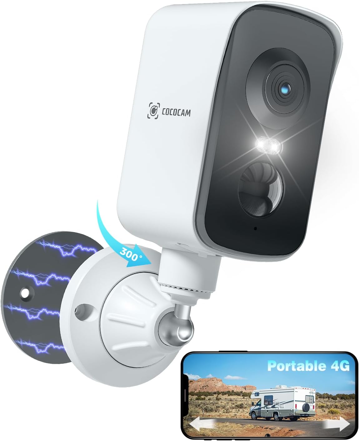 COCOCAM Portable Magnétique 4G Camera Surveillance sans Fil, 2K Caméra Interieur/Exterieur pour RV/Camping/Voyage, Pan 300°, Batterie 10000mAh, Détection Humaine PIR&AI (sans WiFi)