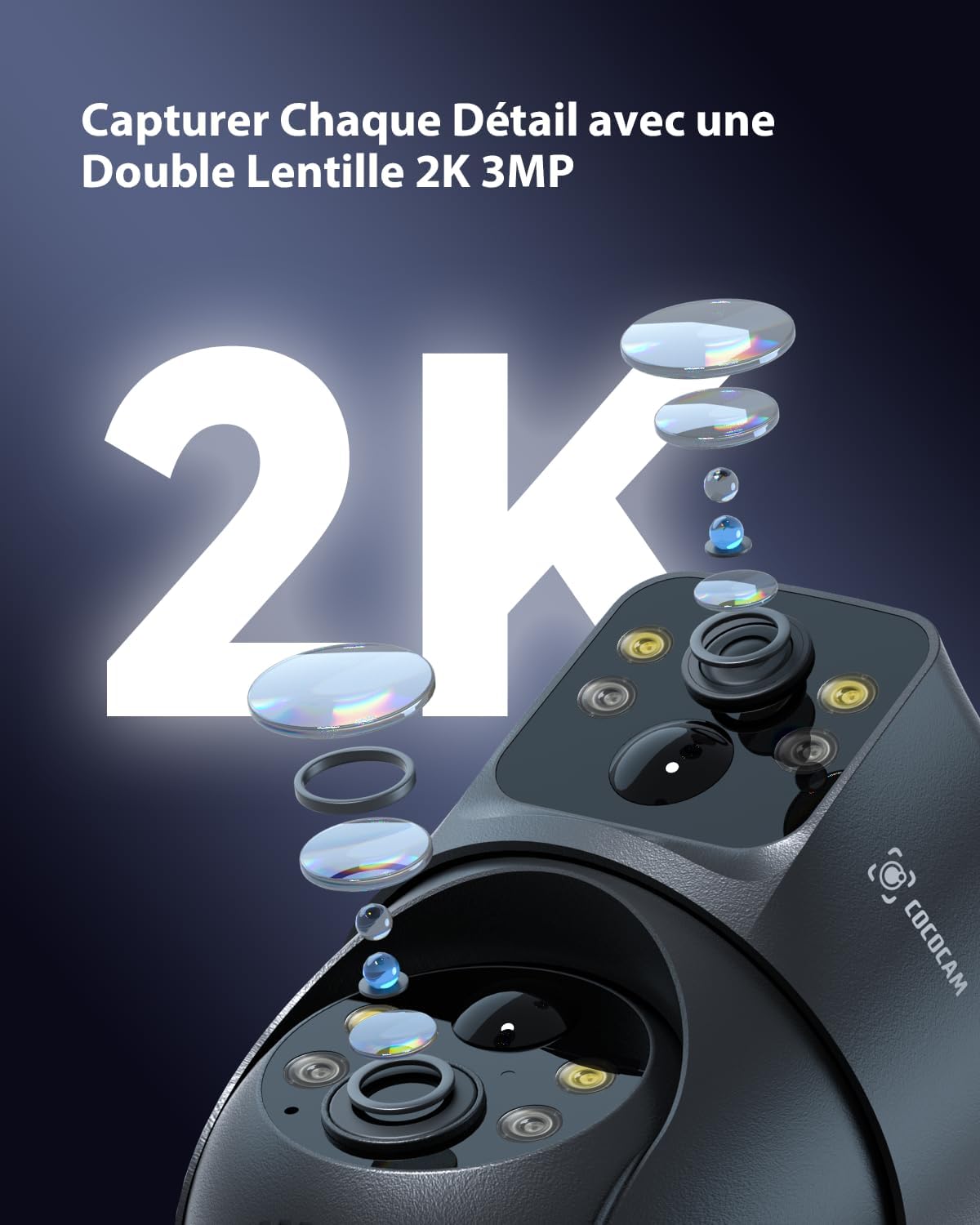 COCOCAM 2K Double Objectif Camera Surveillance WiFi Exterieure sans Fil, 6W Panneau Solaire, Batterie 10000mAh, Double PIR & Détection Humaine IA, Vision Nocturne Couleur, 355°P 90°T, WiFi 2.4G