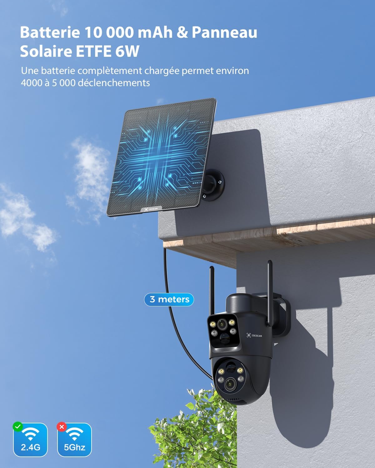 COCOCAM 2K Double Objectif Camera Surveillance WiFi Exterieure sans Fil, 6W Panneau Solaire, Batterie 10000mAh, Double PIR & Détection Humaine IA, Vision Nocturne Couleur, 355°P 90°T, WiFi 2.4G