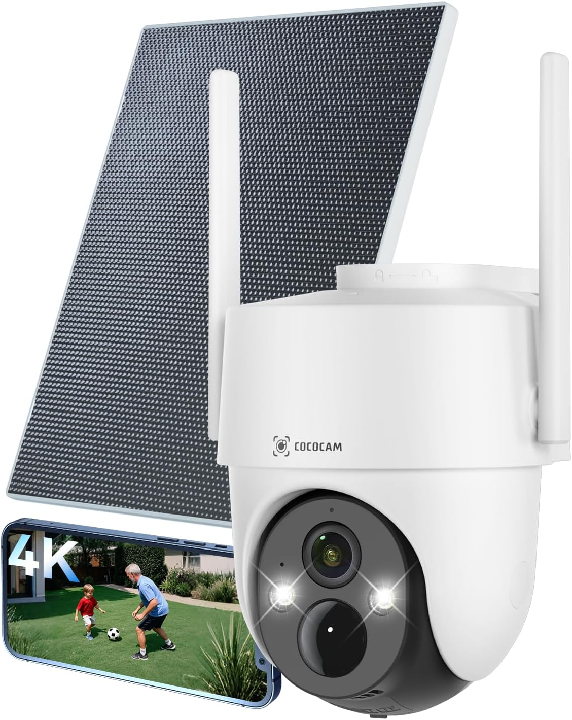 COCOCAM 4K 8MP Camera Surveillance WiFi Exterieure sans Fil Solaire, à Panneau Solaire 6W, Vision Nocturne Couleur 4K, Reconnaissance par IA, Détection Humaine PIR