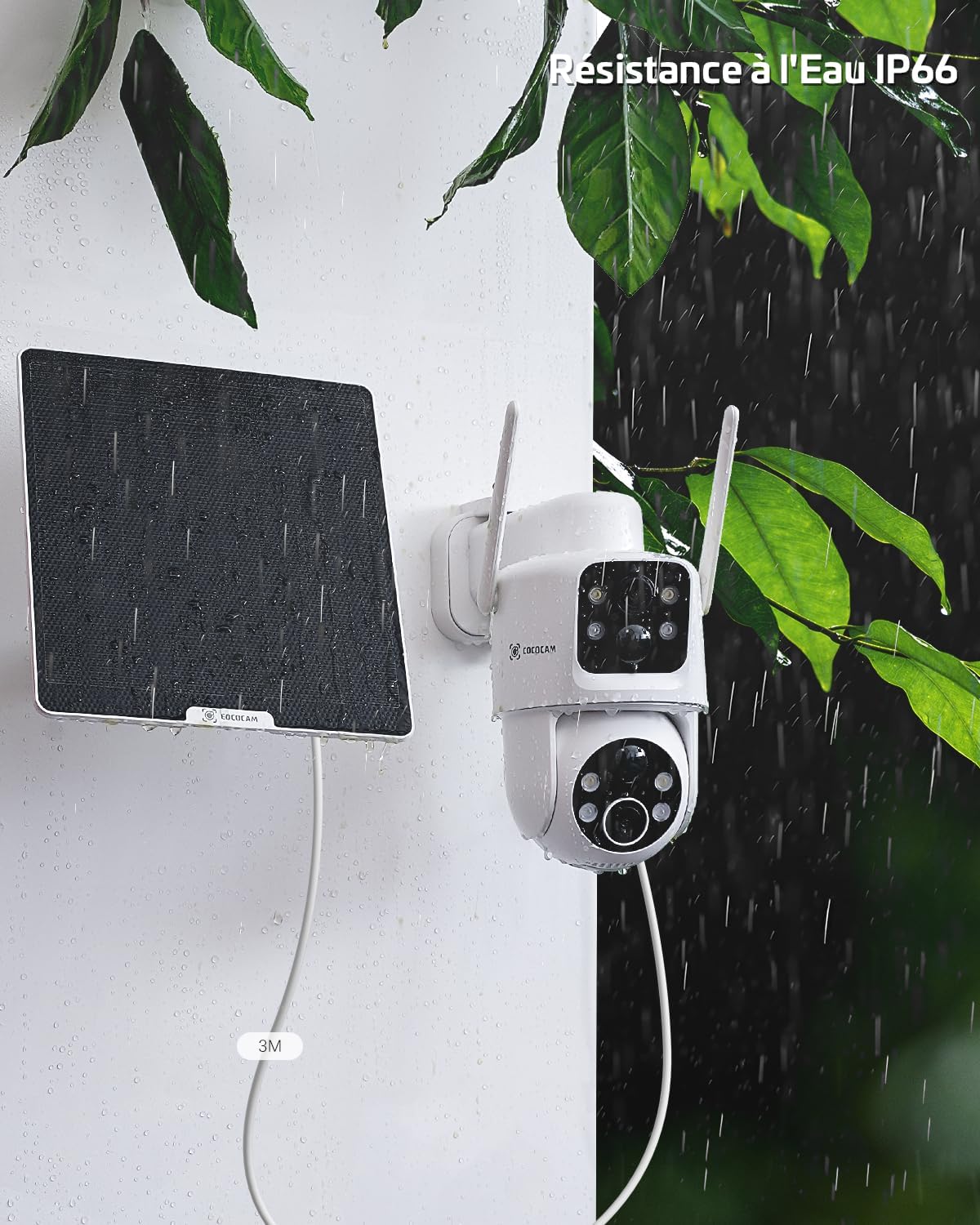 COCOCAM 2K Camera Surveillance WiFi Exterieure sans Fil Double Objectif Double PIR Batterie 10000mAh 6W Panneau Solaire