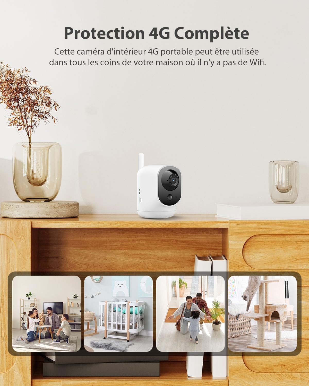 COCOCAM 4G Camera Surveillance Interieur sans Fil avec Batterie 6000mAh, 355°P 90°T, 2K 4G Caméra pour Bébé/Animal/Ancien, Détection Humaine PIR, Carte SIM Intégrée(sans WiFi)