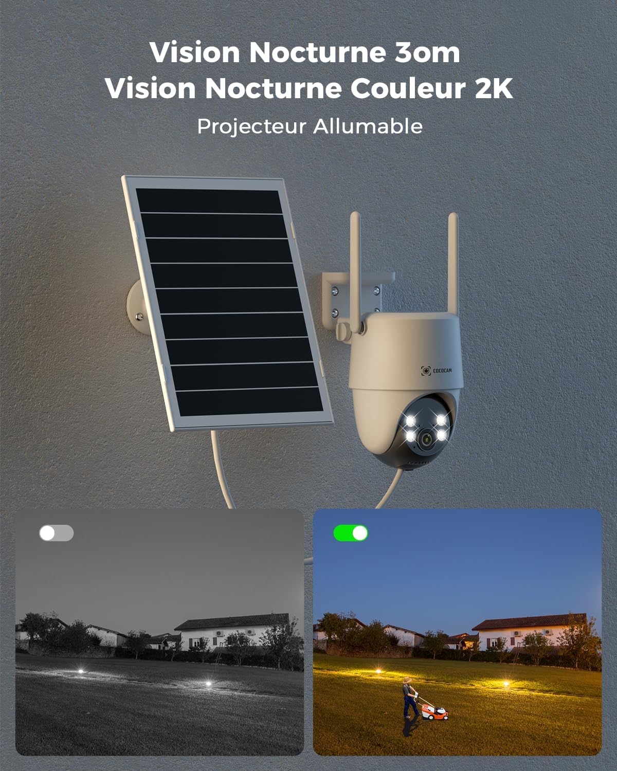 COCOCAM 24/7 Enregistrement AOV Camera Surveillance WiFi Exterieure sans Fil, Batterie 10000mAh Panneau Solaire 8W, 2K PTZ, Détection IA, Suivi par l'IA, Vision Nocturne 30 Mètres