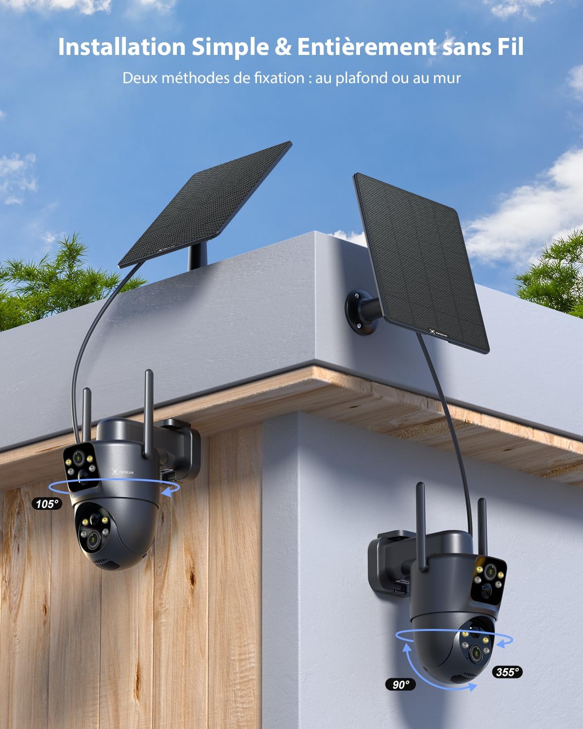 COCOCAM 2K Double Objectif Camera Surveillance WiFi Exterieure sans Fil, 6W Panneau Solaire, Batterie 10000mAh, Double PIR & Détection Humaine IA, Vision Nocturne Couleur, 355°P 90°T, WiFi 2.4G