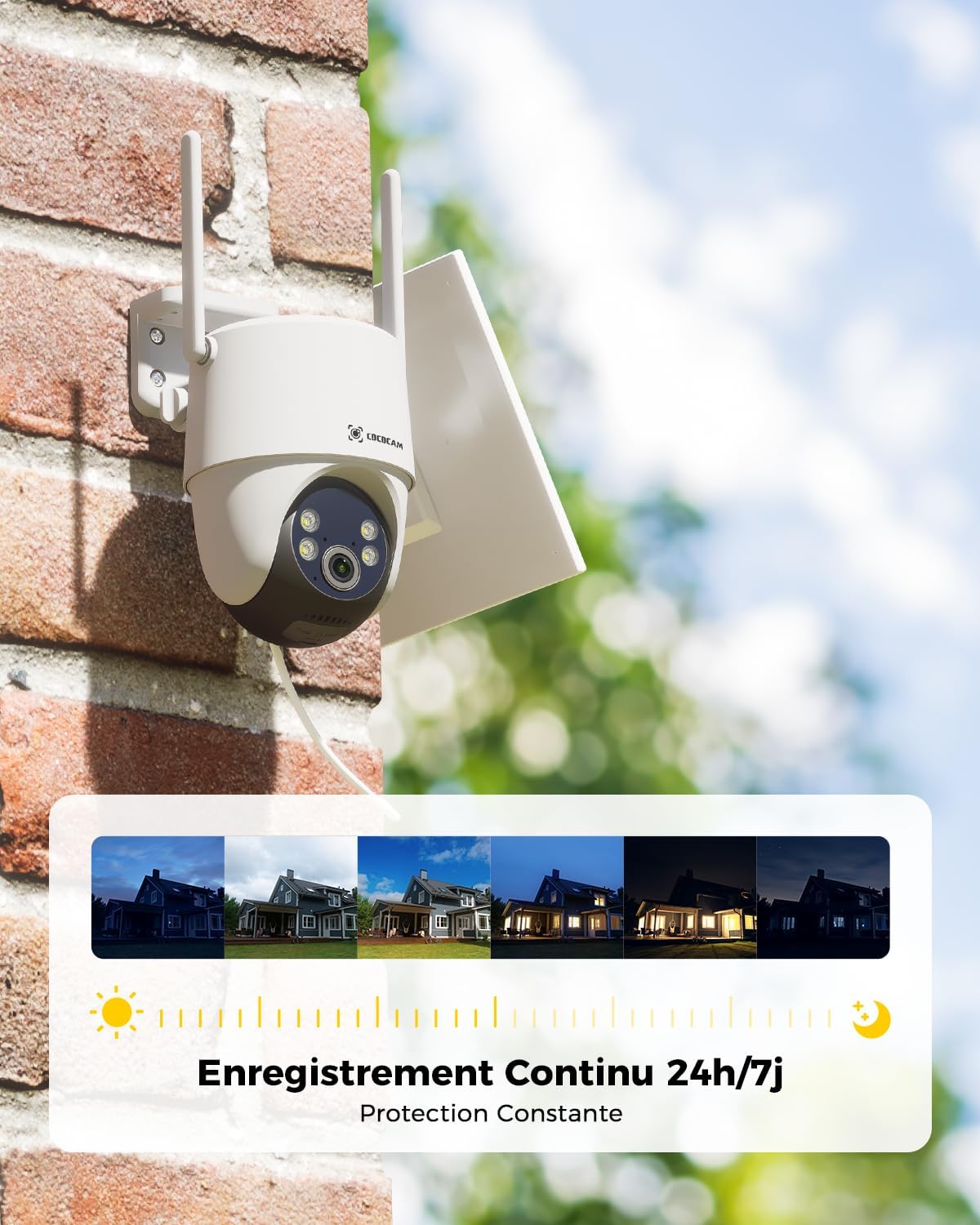 COCOCAM 24/7 Enregistrement AOV Camera Surveillance WiFi Exterieure sans Fil, Batterie 10000mAh Panneau Solaire 8W, 2K PTZ, Détection IA, Suivi par l'IA, Vision Nocturne 30 Mètres