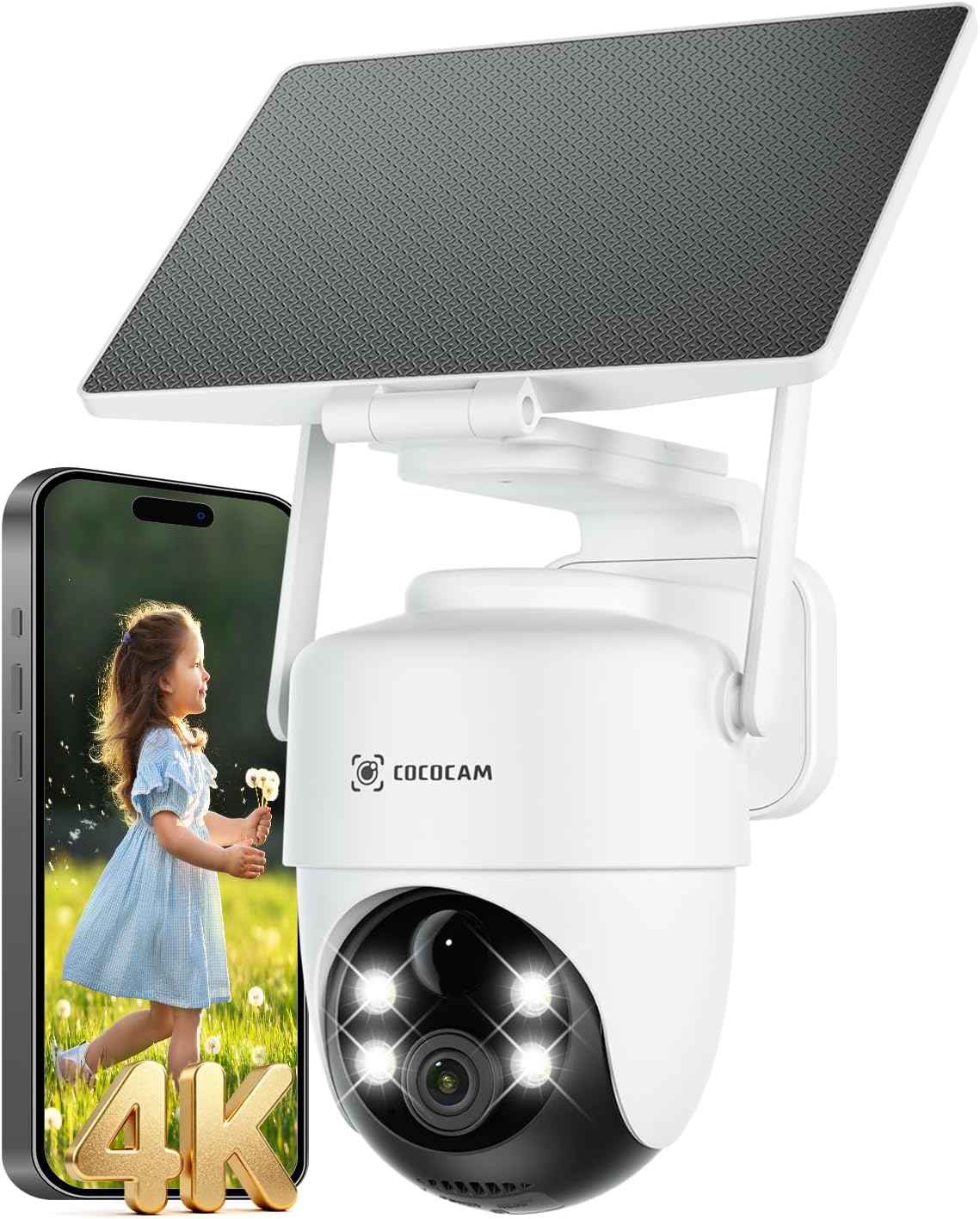 COCOCAM 4K 8MP Camera Surveillance WiFi Exterieure sans Fil sur Batterie 10000mAh, Panneau Solaire Réglable 5W, Détection IA, Détection Humaine PIR, 355 °P 90 °T, Wi-FI 2,4 GHz, IP66, Wi-FI 6
