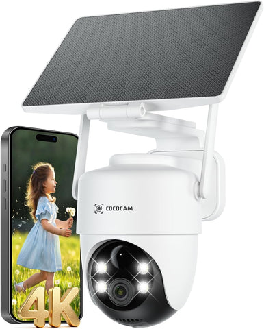 COCOCAM 4K 8MP Camera Surveillance WiFi Exterieure sans Fil sur Batterie 10000mAh, Panneau Solaire Réglable 5W, Détection IA, Détection Humaine PIR, 355 °P 90 °T, Wi-FI 2,4 GHz, IP66, Wi-FI 6