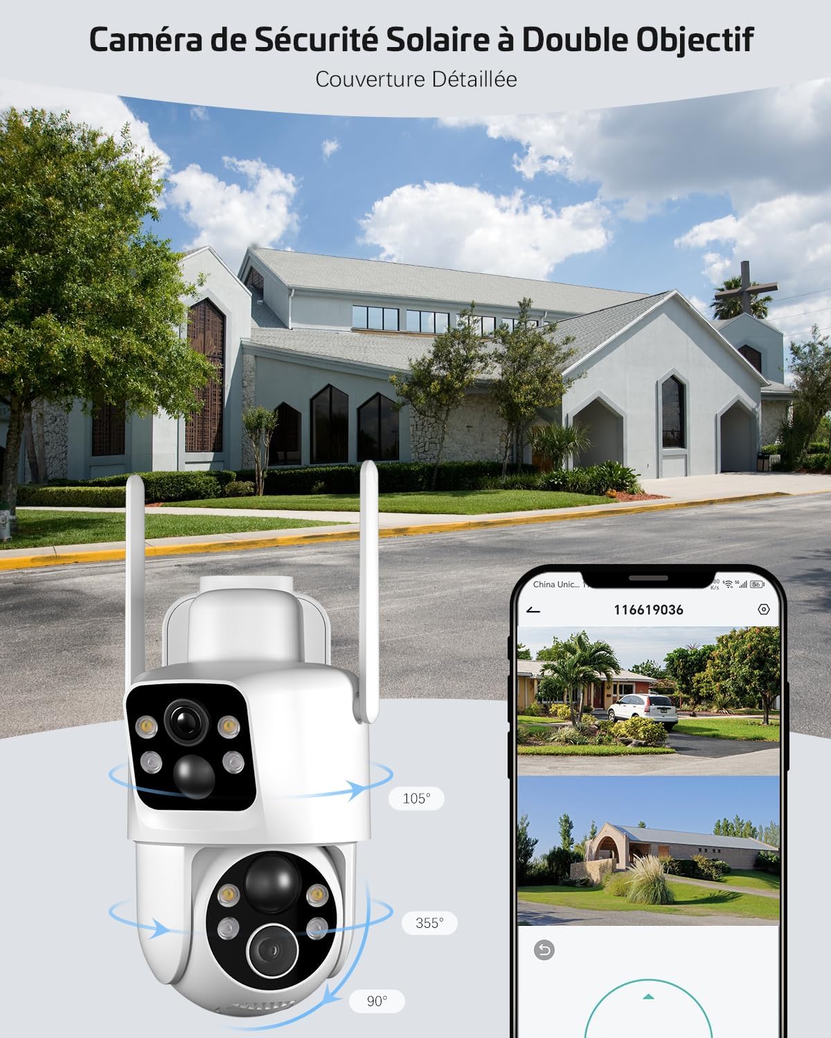 COCOCAM 2K Camera Surveillance WiFi Exterieure sans Fil Double Objectif Double PIR Batterie 10000mAh 6W Panneau Solaire