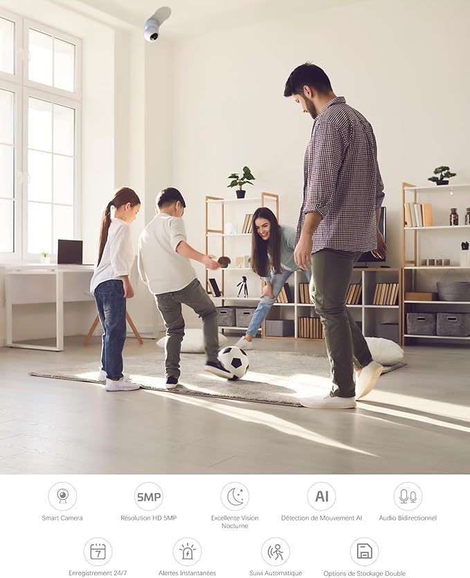 COCOCAM 5MP Camera Surveillance WiFi Interieur 2,4/5GHz WiFi  Détection de Mouvement AI Suivi Automatique