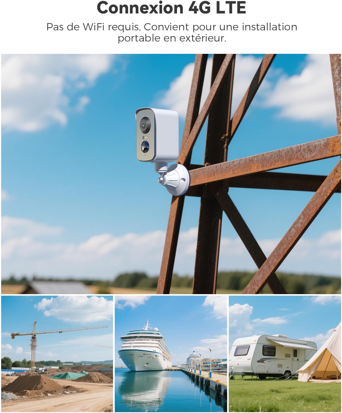 COCOCAM Portable Magnétique 4G Camera Surveillance sans Fil, 2K Caméra Interieur/Exterieur pour RV/Camping/Voyage, Pan 300°, Batterie 10000mAh, Détection Humaine PIR&AI (sans WiFi)