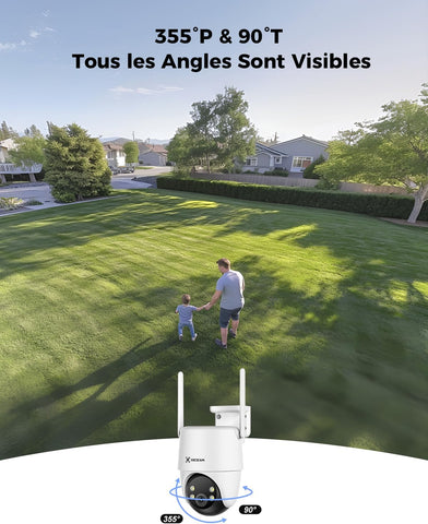 COCOCAM 24/7 Enregistrement AOV Camera Surveillance WiFi Exterieure sans Fil, Batterie 10000mAh Panneau Solaire 8W, 2K PTZ, Détection IA, Suivi par l'IA, Vision Nocturne 30 Mètres