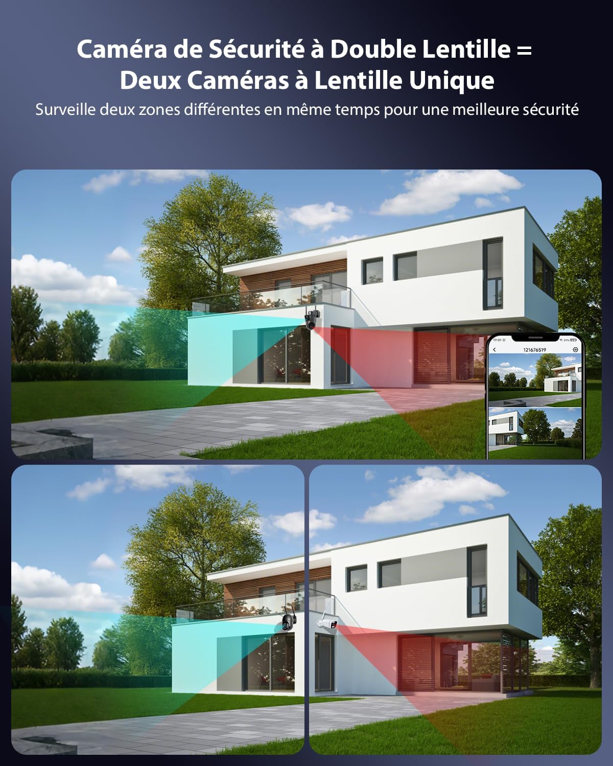 COCOCAM 2K Double Objectif Camera Surveillance WiFi Exterieure sans Fil, 6W Panneau Solaire, Batterie 10000mAh, Double PIR & Détection Humaine IA, Vision Nocturne Couleur, 355°P 90°T, WiFi 2.4G