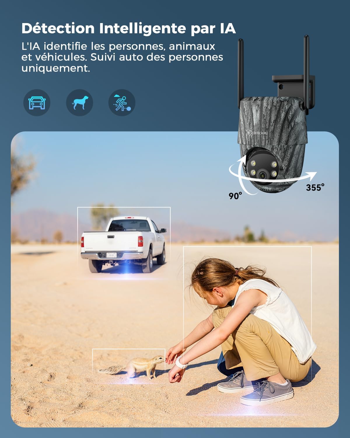 COCOCAM 24/7 AOV 4G Camera Surveillance Exterieur Sans Fil, Camera Chasse Avec Animaux Détection, 30m 2K Vision Nocturne, IA Détection, 15000mAh Batterie & 8W Panneau Solaire, eSIM Incluse (Sans WIFI)