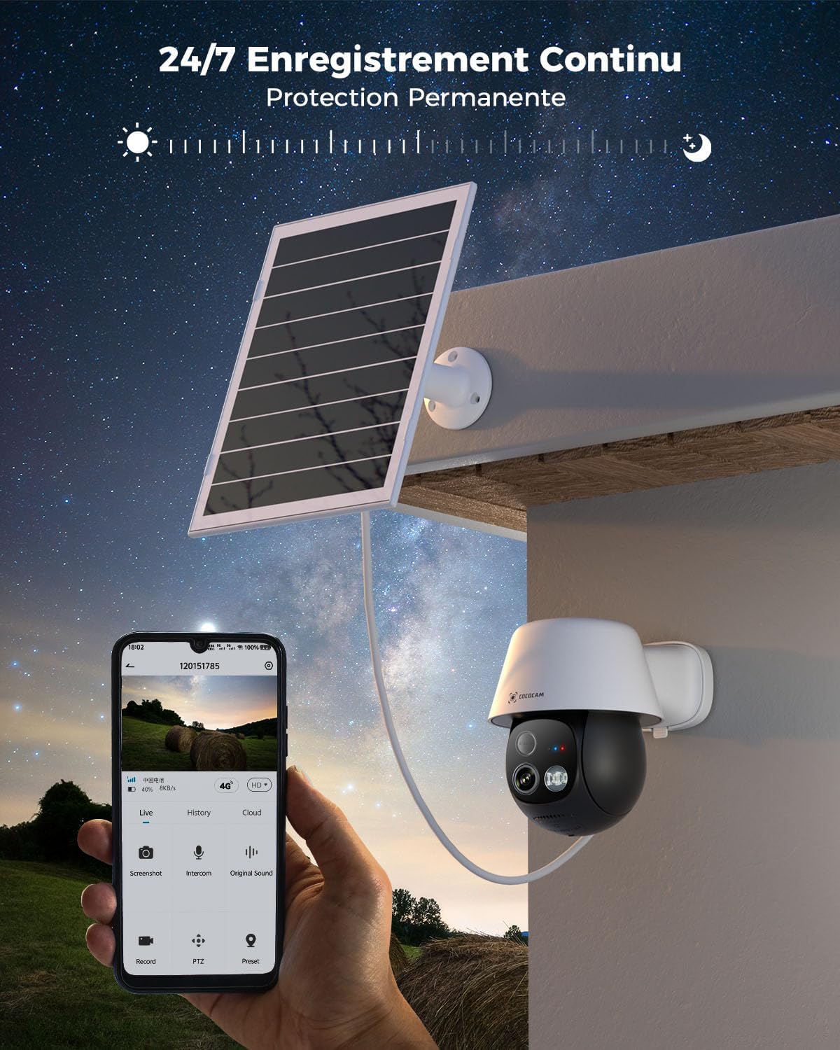 COCOCAM 24/7 Enregistrement AOV 4G Camera Surveillance Exterieur sans Fil, 30m Vision Nocturne, 10000mAh Batterie & 8W Panneau Solaire, Suivi Auto & IA Détection, 2K PTZ, Carte eSIM Incluse (No WiFi)