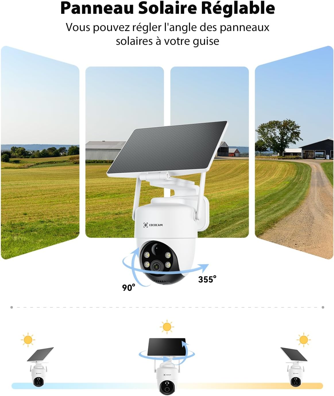 COCOCAM 4K 8MP Camera Surveillance WiFi Exterieure sans Fil sur Batterie 10000mAh, Panneau Solaire Réglable 5W, Détection IA, Détection Humaine PIR, 355 °P 90 °T, Wi-FI 2,4 GHz, IP66, Wi-FI 6