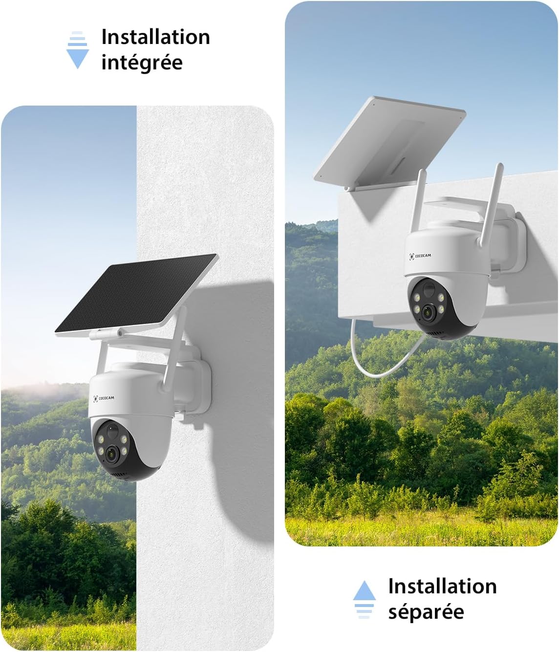 COCOCAM 4K 8MP Camera Surveillance WiFi Exterieure sans Fil sur Batterie 10000mAh, Panneau Solaire Réglable 5W, Détection IA, Détection Humaine PIR, 355 °P 90 °T, Wi-FI 2,4 GHz, IP66, Wi-FI 6