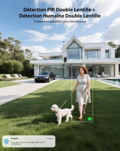 COCOCAM 2K Double Objectif Camera Surveillance WiFi Exterieure sans Fil, 6W Panneau Solaire, Batterie 10000mAh, Double PIR & Détection Humaine IA, Vision Nocturne Couleur, 355°P 90°T, WiFi 2.4G