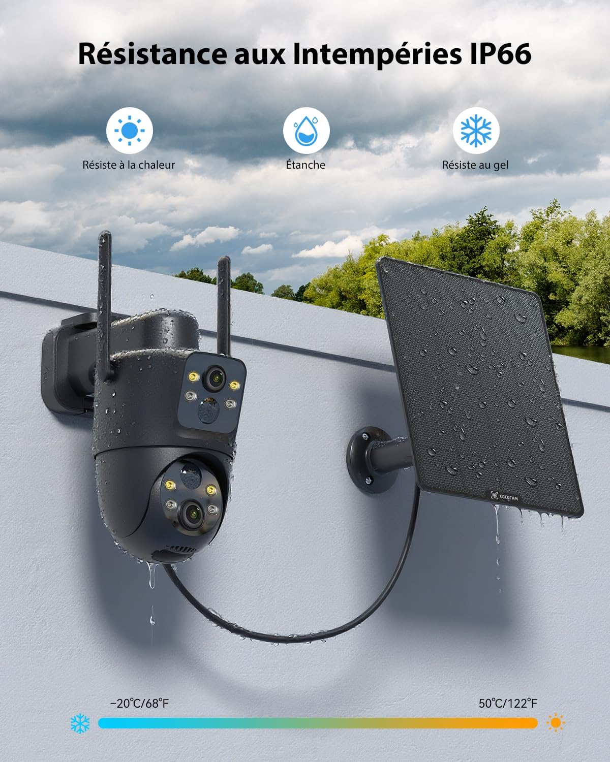 COCOCAM 2K Double Objectif Camera Surveillance WiFi Exterieure sans Fil, 6W Panneau Solaire, Batterie 10000mAh, Double PIR & Détection Humaine IA, Vision Nocturne Couleur, 355°P 90°T, WiFi 2.4G