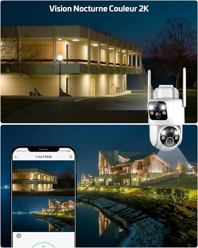 COCOCAM 2K Camera Surveillance WiFi Exterieure sans Fil Double Objectif Double PIR Batterie 10000mAh 6W Panneau Solaire