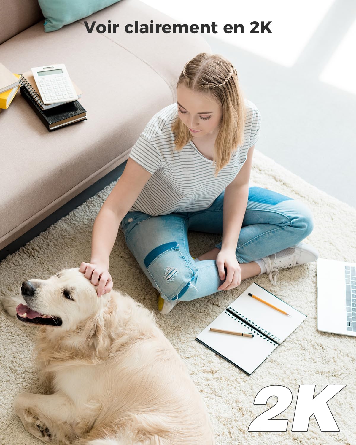 2K Camera Surveillance WiFi Interieur sans Fil Pan/Tilt à Batterie 5200mAh Reconnaissance IA Détection Humaine PIR