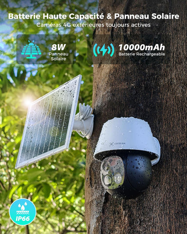 COCOCAM 24/7 Enregistrement AOV 4G Camera Surveillance Exterieur sans Fil, 30m Vision Nocturne, 10000mAh Batterie & 8W Panneau Solaire, Suivi Auto & IA Détection, 2K PTZ, Carte eSIM Incluse (No WiFi)