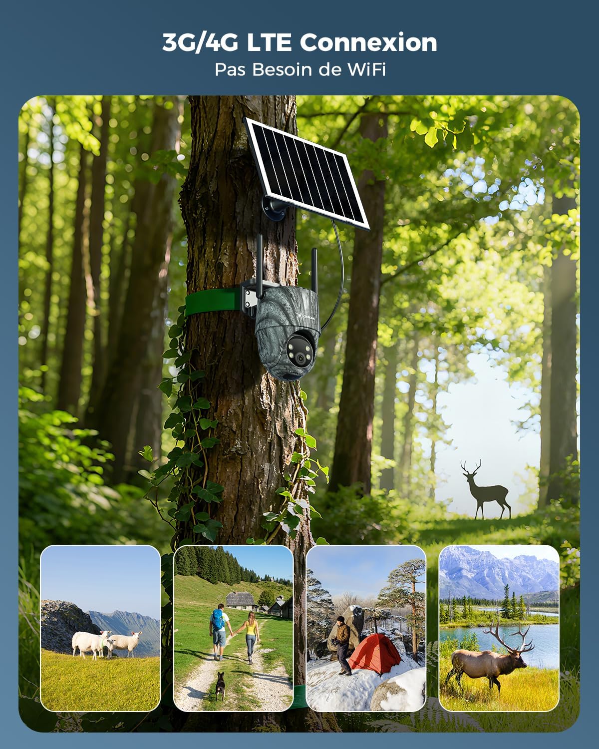 COCOCAM 24/7 AOV 4G Camera Surveillance Exterieur Sans Fil, Camera Chasse Avec Animaux Détection, 30m 2K Vision Nocturne, IA Détection, 15000mAh Batterie & 8W Panneau Solaire, eSIM Incluse (Sans WIFI)