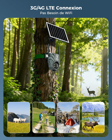 COCOCAM 24/7 AOV 4G Camera Surveillance Exterieur Sans Fil, Camera Chasse Avec Animaux Détection, 30m 2K Vision Nocturne, IA Détection, 15000mAh Batterie & 8W Panneau Solaire, eSIM Incluse (Sans WIFI)