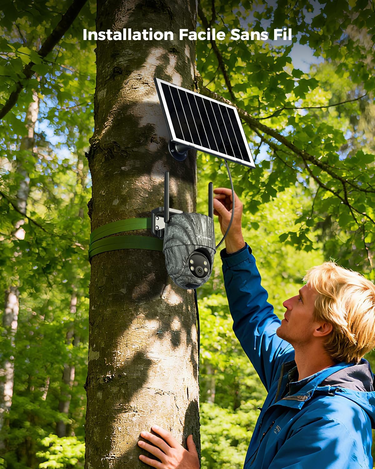 COCOCAM 24/7 AOV 4G Camera Surveillance Exterieur Sans Fil, Camera Chasse Avec Animaux Détection, 30m 2K Vision Nocturne, IA Détection, 15000mAh Batterie & 8W Panneau Solaire, eSIM Incluse (Sans WIFI)