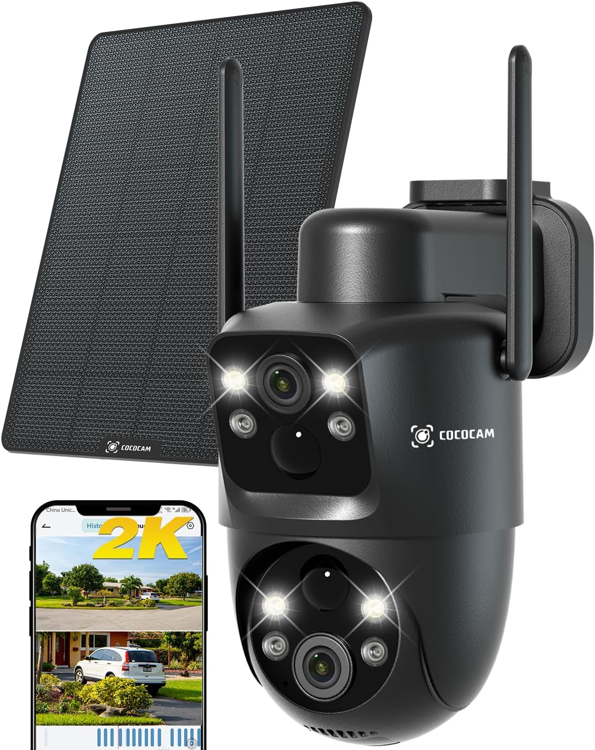 COCOCAM 2K Double Objectif Camera Surveillance WiFi Exterieure sans Fil, 6W Panneau Solaire, Batterie 10000mAh, Double PIR & Détection Humaine IA, Vision Nocturne Couleur, 355°P 90°T, WiFi 2.4G