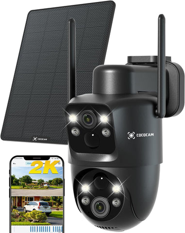 COCOCAM 2K Double Objectif Camera Surveillance WiFi Exterieure sans Fil, 6W Panneau Solaire, Batterie 10000mAh, Double PIR & Détection Humaine IA, Vision Nocturne Couleur, 355°P 90°T, WiFi 2.4G