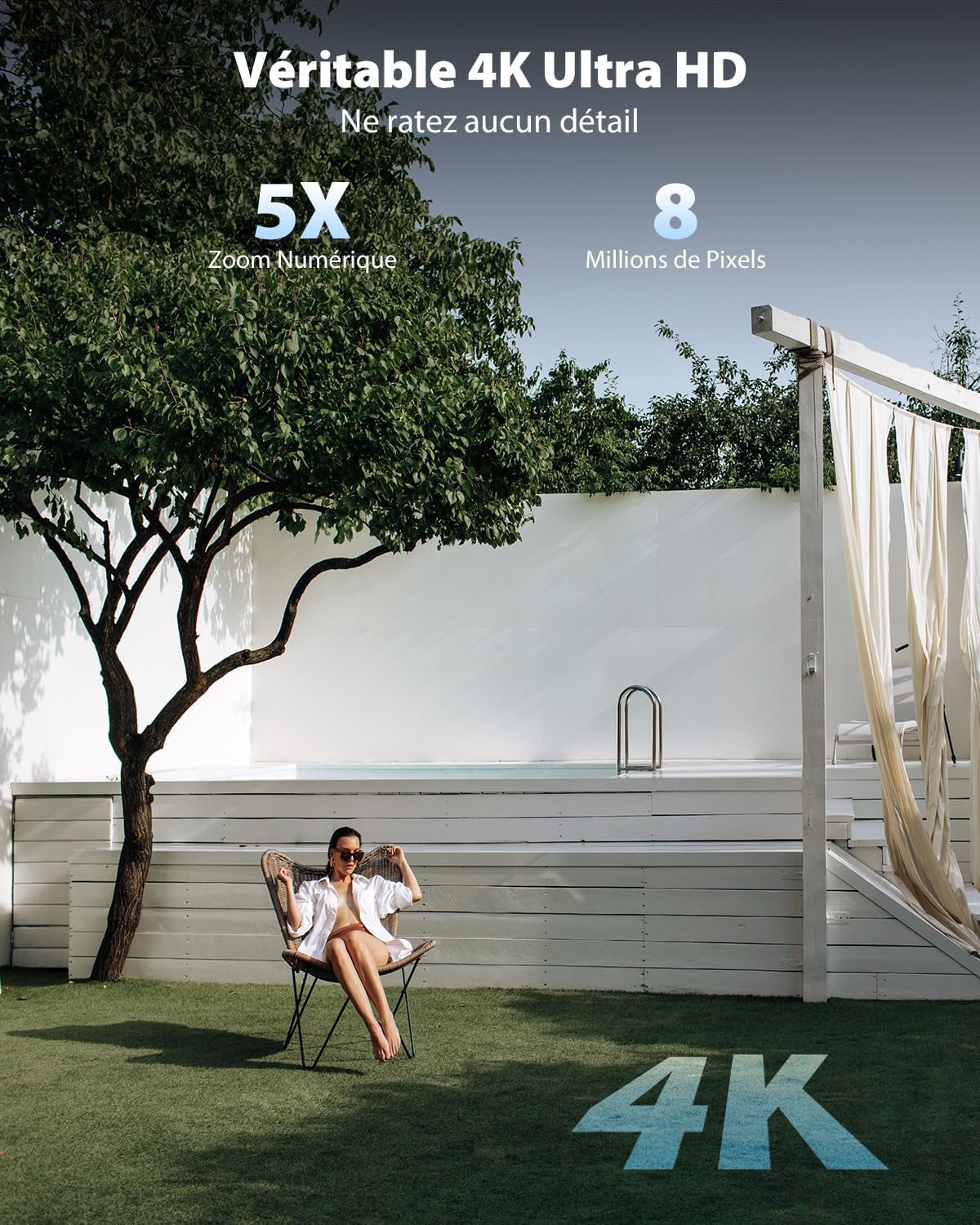 COCOCAM 4K 8MP Camera Surveillance WiFi Exterieure sans Fil sur Batterie 10000mAh, Panneau Solaire Réglable 5W, Détection IA, Détection Humaine PIR, 355 °P 90 °T, Wi-FI 2,4 GHz, IP66, Wi-FI 6