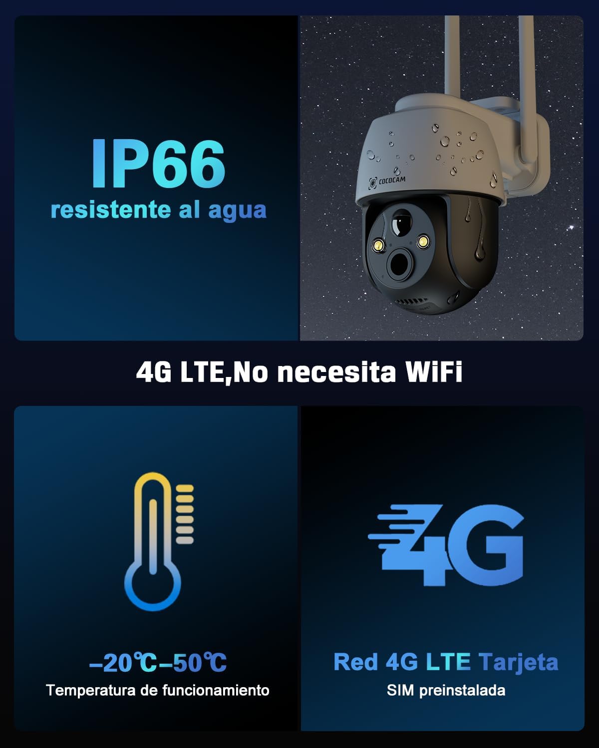 COCOCAM 4G LTE Camera Surveillance Exterieur sans Fil, 2K Solaire PTZ 4G avec Carte SIM, Détection Humaine PIR, Reconnaissance AI