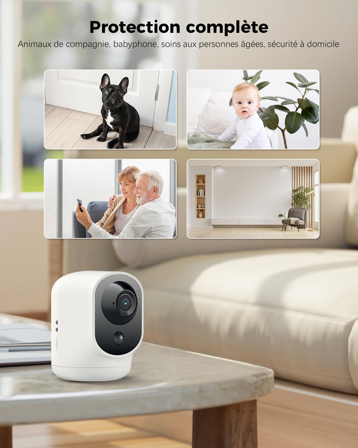 2K Camera Surveillance WiFi Interieur sans Fil Pan/Tilt à Batterie 5200mAh Reconnaissance IA Détection Humaine PIR